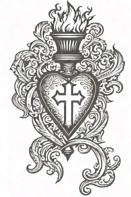 A Flaming Torch Through An Heart With An Black Flared Cross