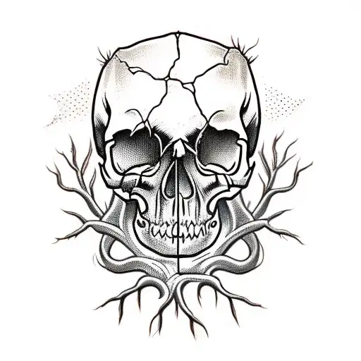 Decaying Human Skull With Roots Growing Out Of It