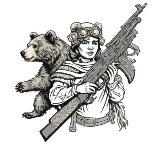 Slavic Girl In Kokoshnik With A Machine Gun In Her Hands On A Bear In Old School Style