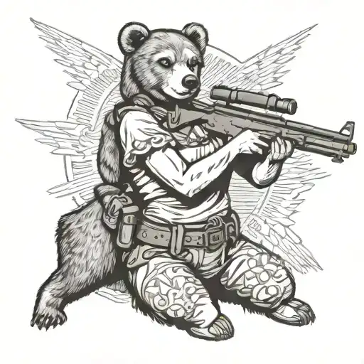 Slavic Girl With A Machine Gun In Her Hands On A Bear
