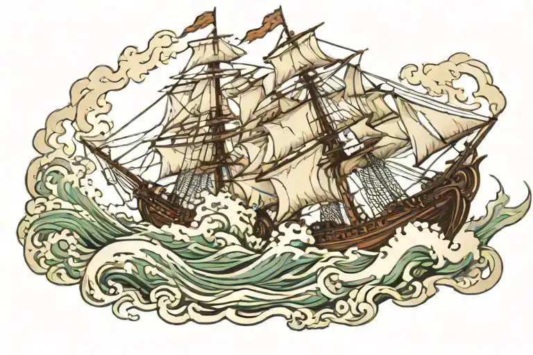 Two Spanish Galleons Ships Fighting Each Other In Rough Water