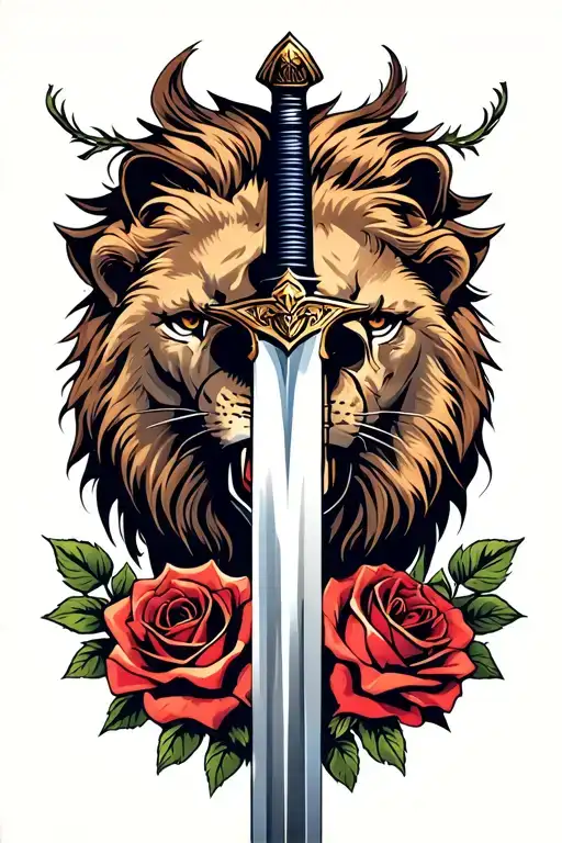 Sword Going Through Lions Head With Roses And A Background