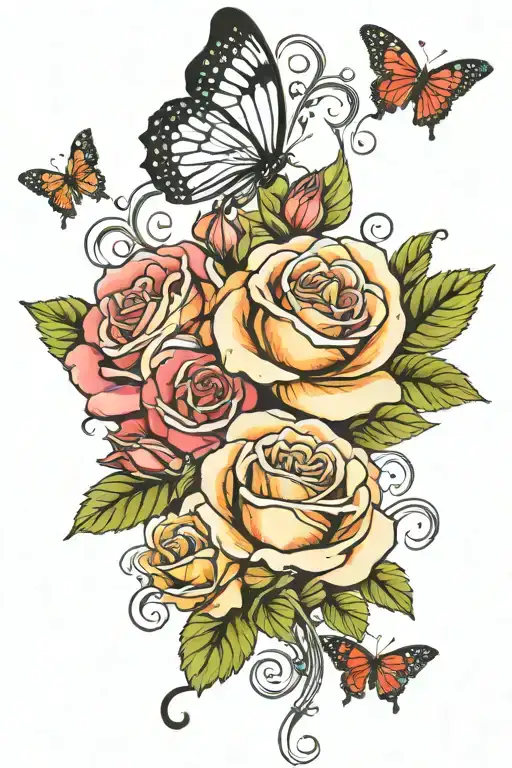 Colorful Roses And Vines That Fade Into Black And White Roses And Butterfly