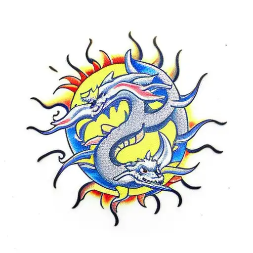 A Sun With Two Dragons Around Outside