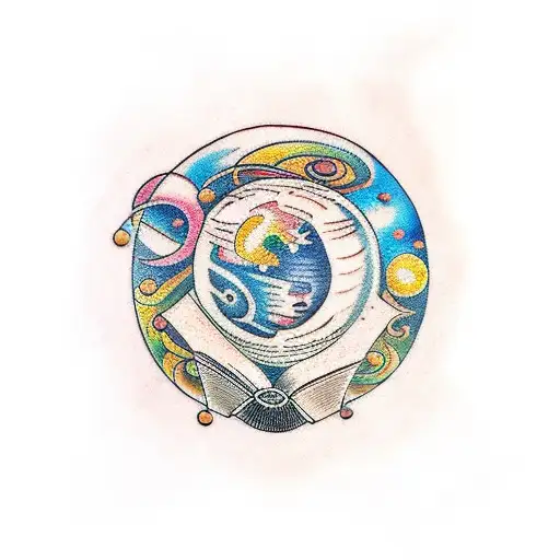 Traditional Style Tattoo Of A Book With Planets And Musical Notes As Pages