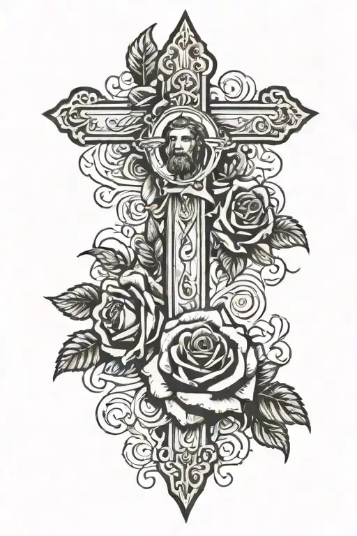 Cross With Roses And Jesus Christ