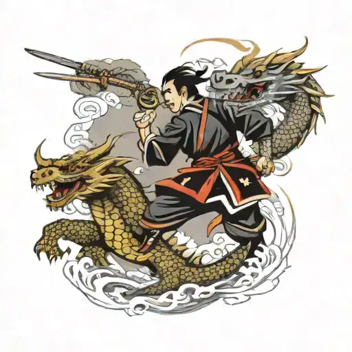 A Japanese Samurai Battling A Fierce Dragon In A Traditional Style