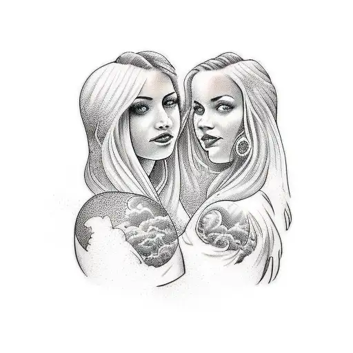A Portrait Of Valeria And Ericka Surrounded By Swirling Thunderstorm Clouds Tattoo