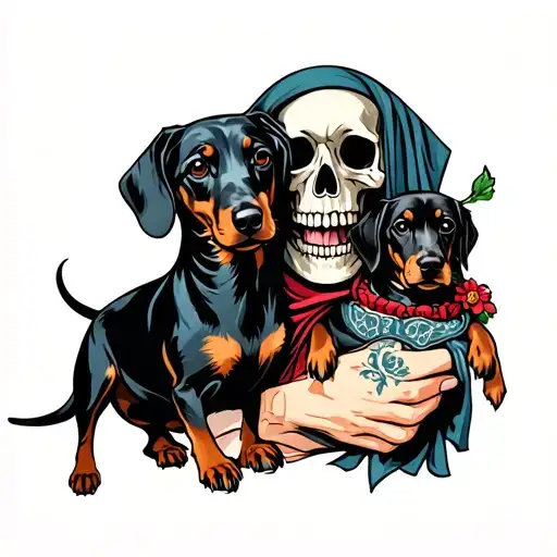Reaper With Skull Face With Dachshund On His Hand Cuddling Together