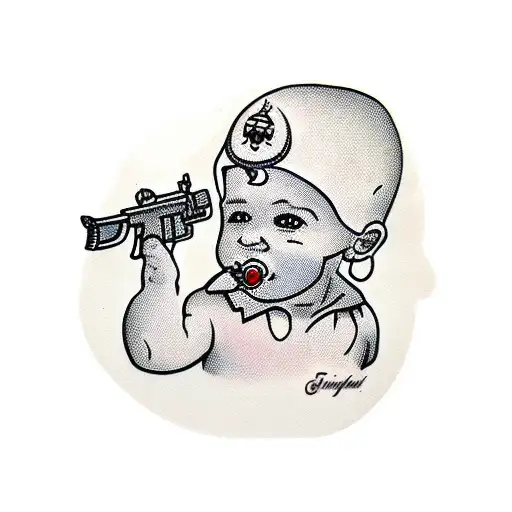 Small Baby Holding A Gun And Wearing A Gangster Mask