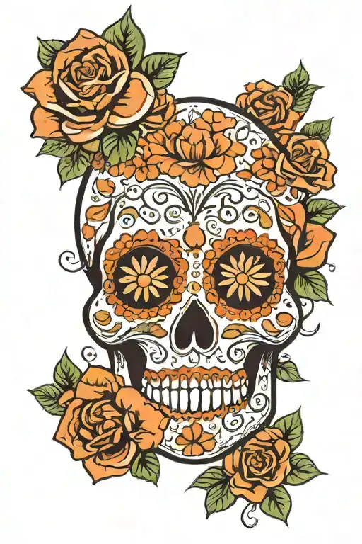 Sugar Skull With Day Of The Dead Theme Orange Flowers