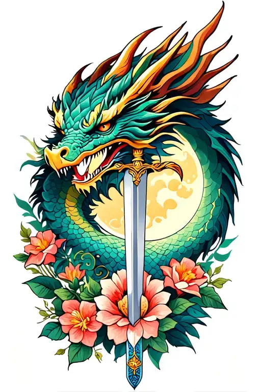 Dragon And Flowers And A Sword And Moon Shining