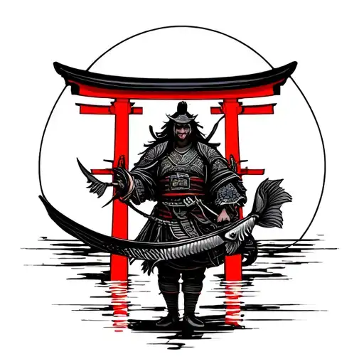 Pisces With Samurai Guarding A Tori Gate