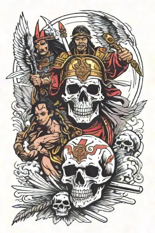 Samurai Warrior Skull Fighting A Native American With A Guardian Angel Watching