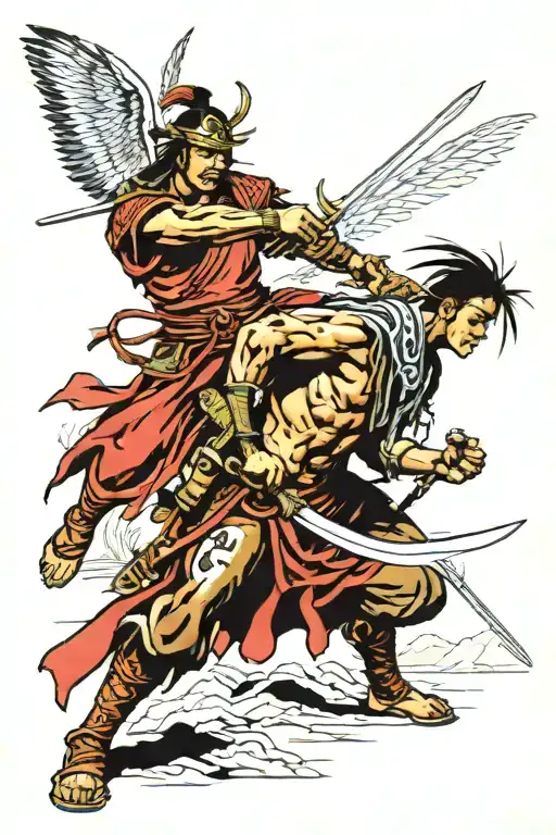 Samurai Warrior Fighting A Native American With A Guardian Angel Watching