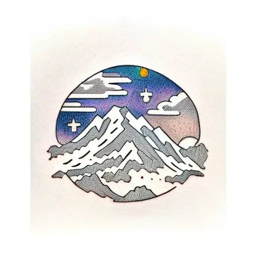 A Dotwork Tattoo Of A Mountain Range With A Palm Tree Silhouette In The Foreground