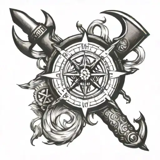 A Traditional Compass Rose Intertwined With A Firefighter's Axe And Hose