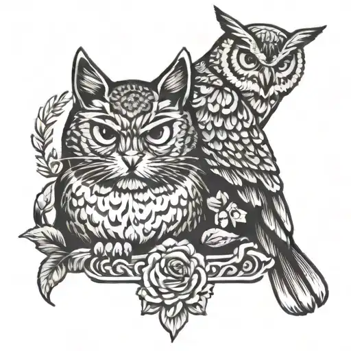 A Cat And An Owl Sitting