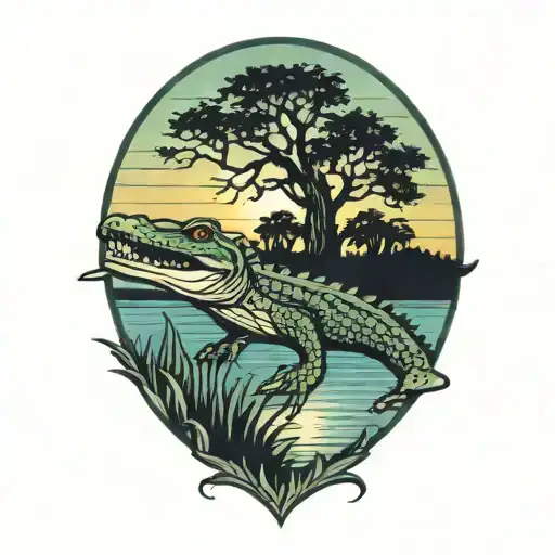 Alligator With Live Oak Tree Sunset