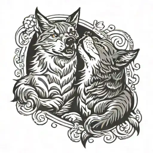 Cat And Wolf Howling At The Moon