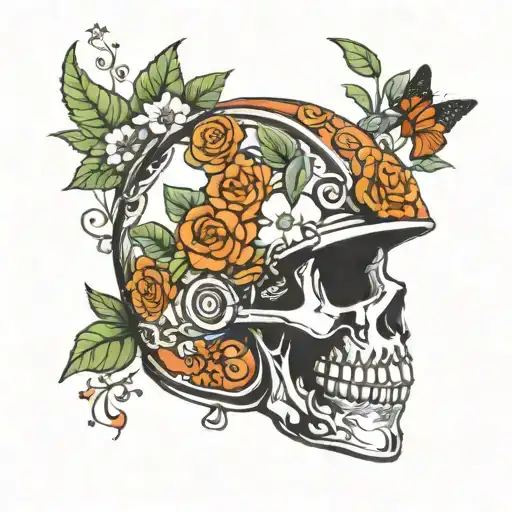 Motocross Helmet With Skull And Flowers And Vines