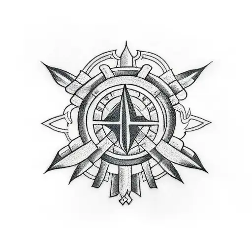 A Blackwork Tattoo Of A Spartan Spear Intertwined With Ogum's Sacred Symbol