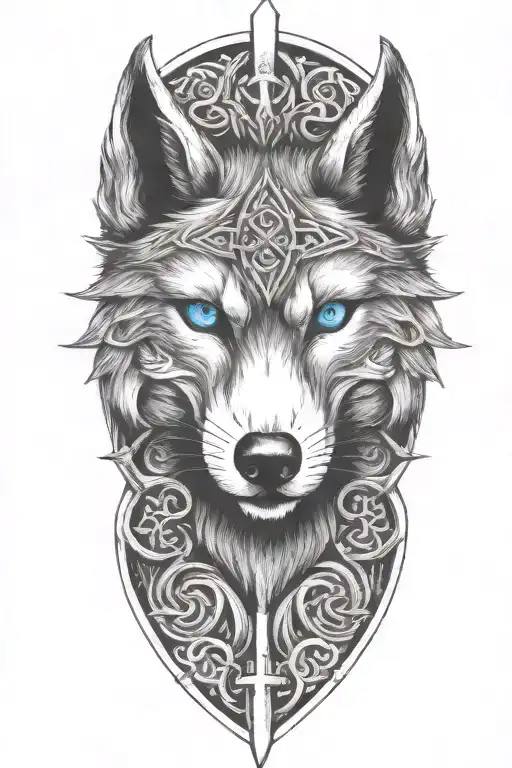 Wolf With Blue Eyes On Armor Tattoo Design Featuring Celtic Trinity Knot