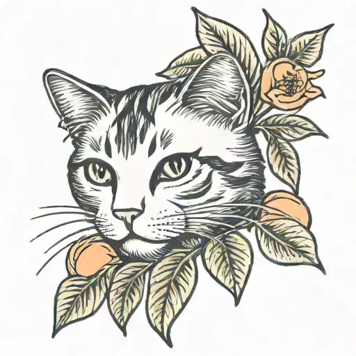 Cat And Peach Leaves