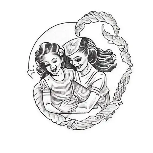 A Mother With Her Two Young Daughters In The American Traditional Tattoo Style