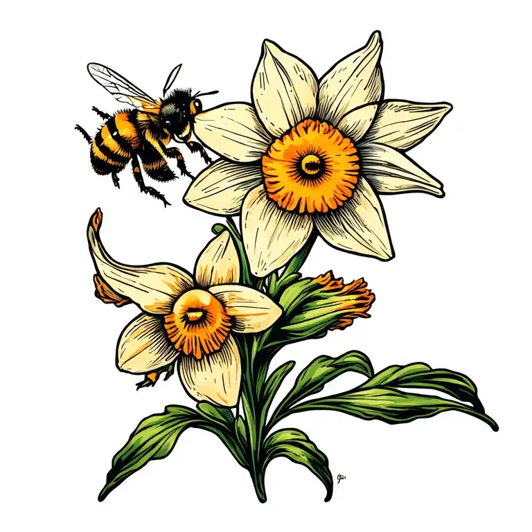 Daffodil And Bee Flying Away