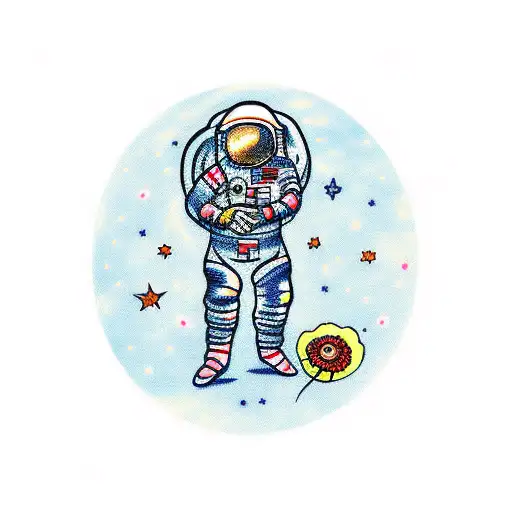 A Sketch Of An Astronaut Holding A Mushroom Bouquet With Stars In The Background