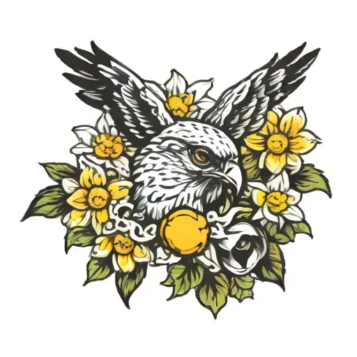 Hawk Eye With Daisies And Daffodils