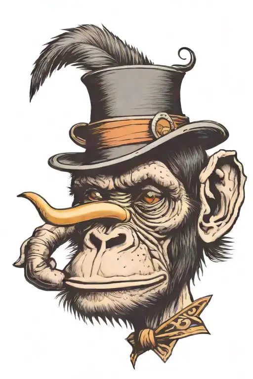 A Face Of A Bonobo Monkey Smoking A Cygar With A Hat Cylinder And A Monocle On His Left Eye