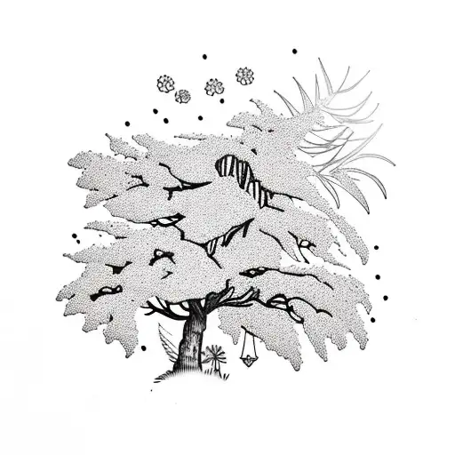 Pine Tree With Jacaranda Tree And Sunflowers