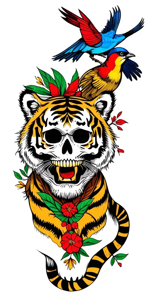 Tiger And Bird And Mexican Cowboy Skull