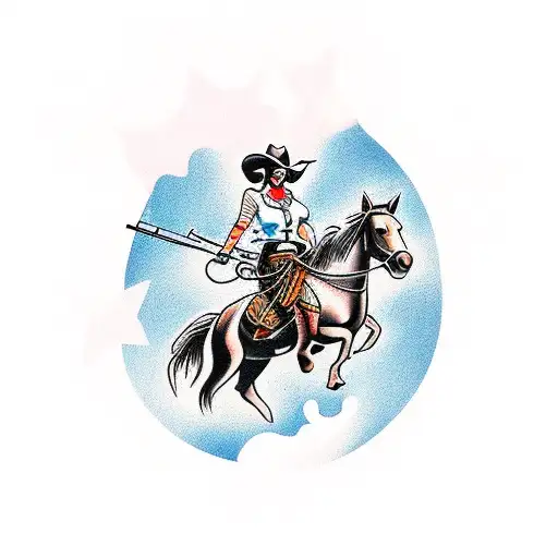 Cowgirl Riding A Horse While Shooting A Gun