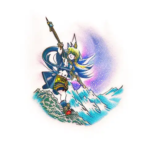 A Traditional-style Tattoo Of An Anime Character Conquering A Challenging Mountain Peak