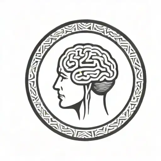 A Brain Inside A Simple Thick Black Line Circular Frame With Geometric Patterns Shooting From It