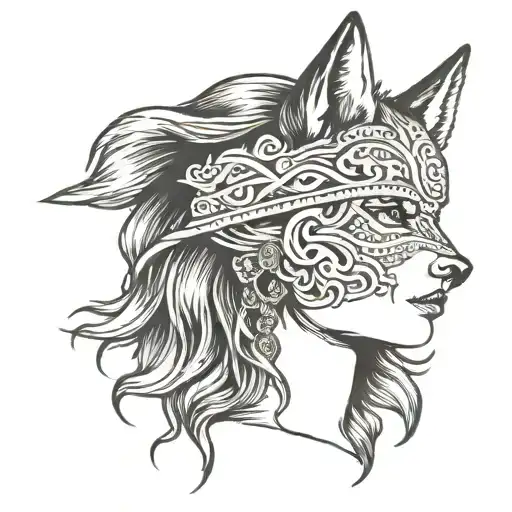 Nordic Woman Sideways Blindfolded Wolf Over Her Head