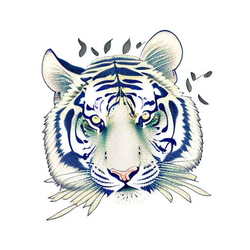 Tiger With Magnolias On The Side And Blue Bonnet In The Tiger's Mouth