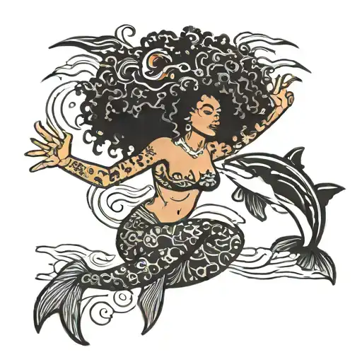 Afro Mermaid Swimming Alongside Orca