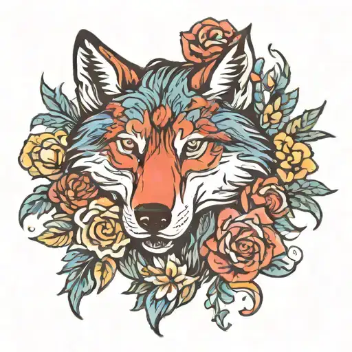 Wolf Head And Flowers Surrounding