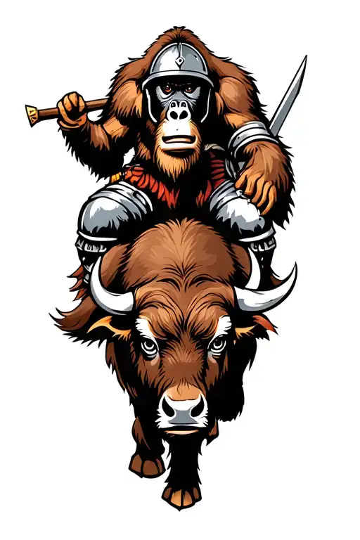 Armored Orangutan With Helmet And Sword Riding A Bison