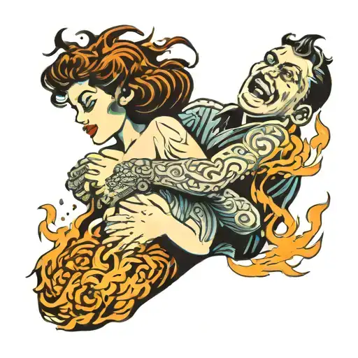 Man On Fire Embracing Woman Made Of Water