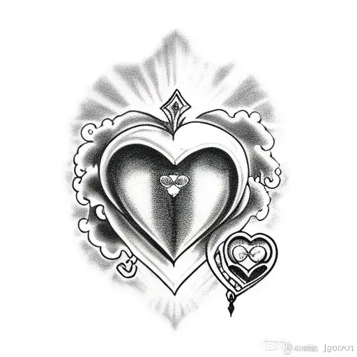 A Black And Grey Tattoo Of A Religious Figure Holding A Heart