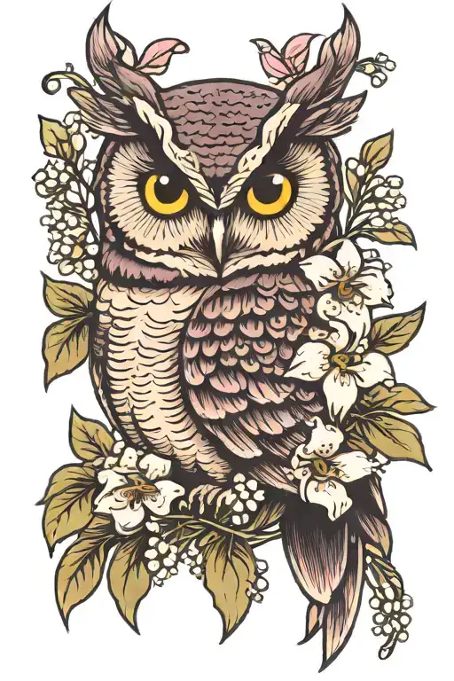 Owl With Lavender And Lily Of The Valley Flowers Intertwined