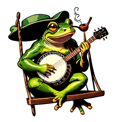 Frog Strumming Banjo Smoking A Pipe On Porch Swing