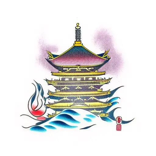 Japanese Temple Ontop Of Waterfall