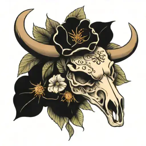 Bull Skull 3 Flowers Surrounding Behind Last Name