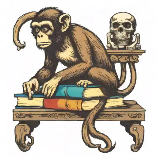 A Monkey Who Is Pondering While Sitting On A Stack Of Books Holding A Skull
